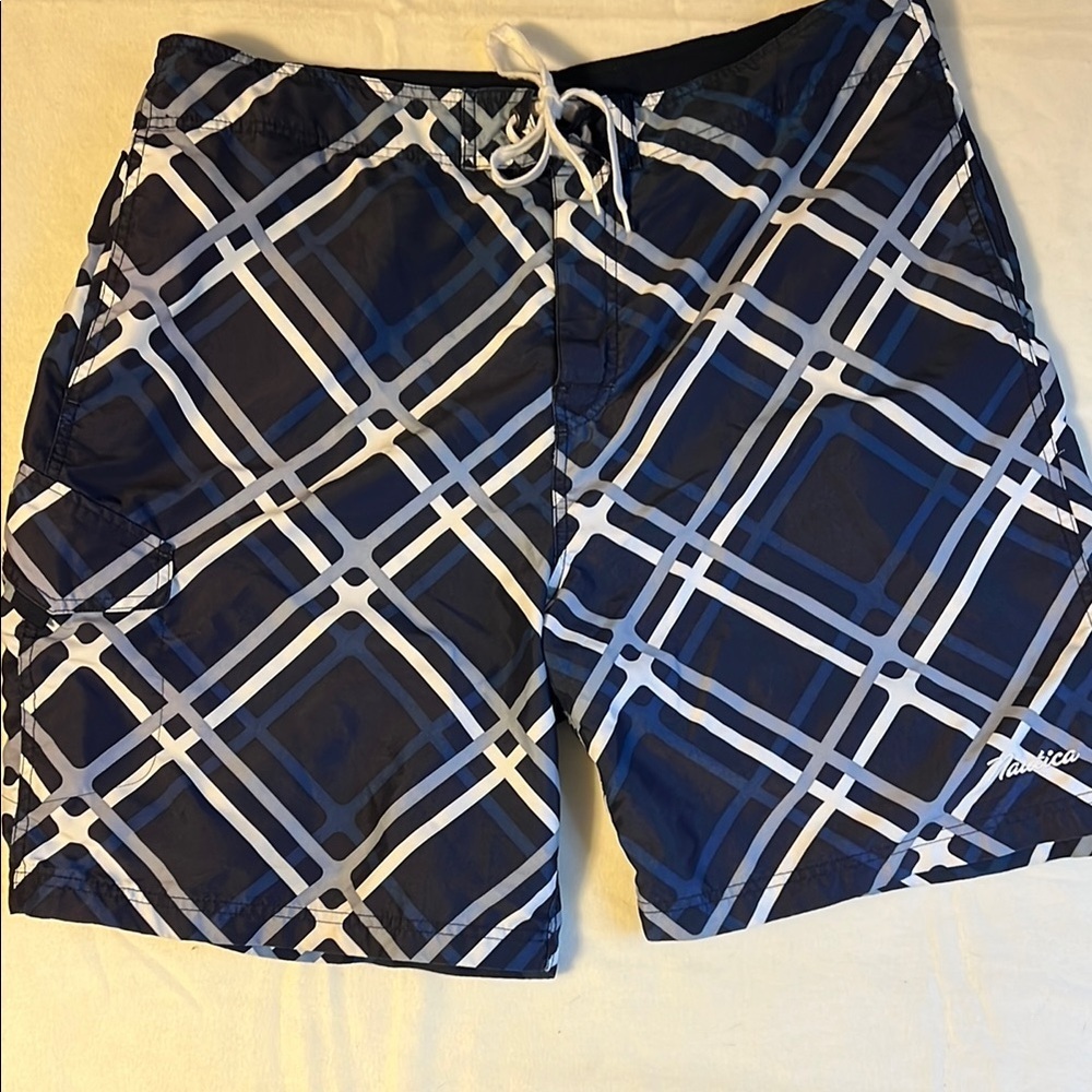 Nautica Blue and White Board Shorts with Geometric Pattern
